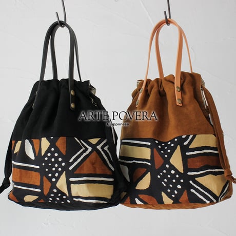 ARTE POVERA アルテポーヴェラ　SuKiMaリメイク インドハンドプリント巾着BAG（M)　#ブラウン、ブラック