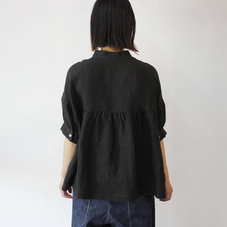 **またまたまた再入荷**LinenYa リネンヤ　リネン半袖スタンドカラーブラウス　#アイボリー、ライトグレー、ブラック