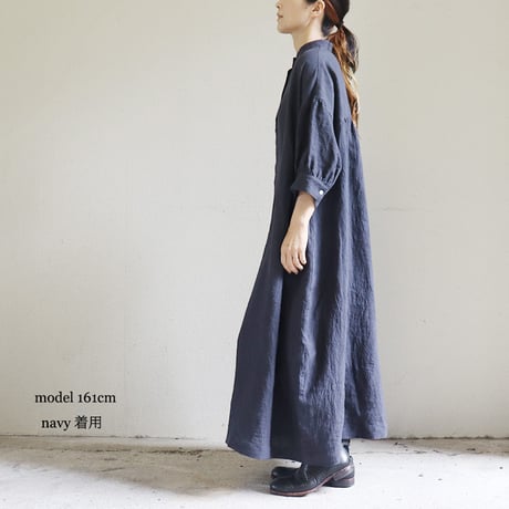 **またまたまた再入荷** LinenYa リネンヤ　リネンスタンドカラーワンピース　#ブラック、ネイビー、ベージュ、チャコール　【送料無料】