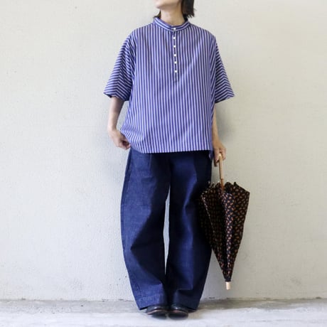 **またまたまた再入荷** LinenYa リネンヤ　コットンストライプヘンリーネックブラウス　#ネイビー、ホワイト