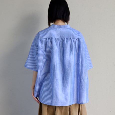 **またまた再入荷** LinenYa リネンヤ　綿麻ストライプバンドカラー半袖シャツ　#ブルー、ピンク