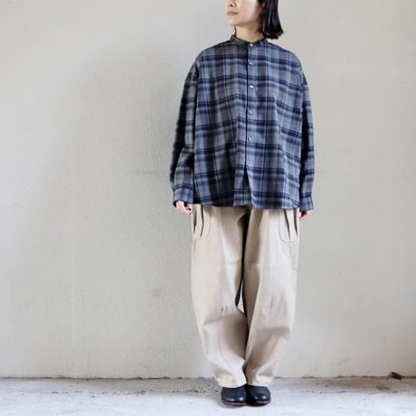 TRAVAIL MANUEL トロチェックバンドカラー長袖シャツ　#ネイビー、グレー　【送料無料】
