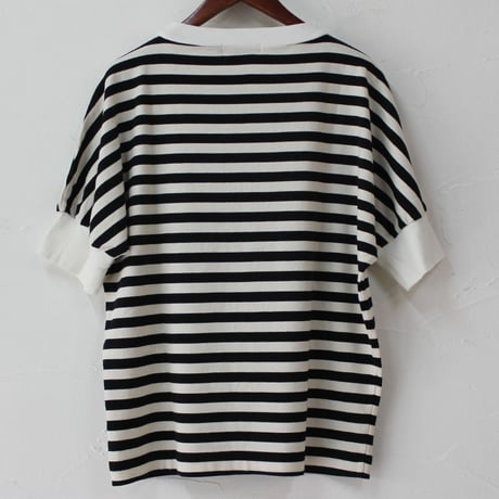 **再入荷** homspun ホームスパン 40/2天竺ボーダーハイネック半袖プルオーバー　#オフホワイトｘブラック、グレーｘブラック