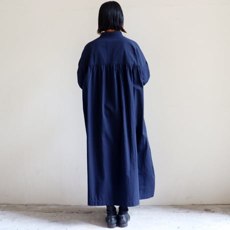 **またまた再入荷** LinenYa リネンヤ　コットンリネンラミースタンドカラーワンピース　#スミクロ、ネイビー