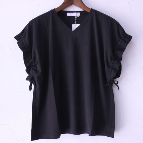 homspun ホームスパン 40/1フライスVネックギャザースリーブTシャツ　#サラシ、ブラック、TOPネイビー