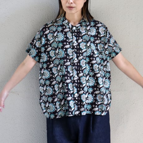 ARTE POVERA アルテポーヴェラ　インド草木染ハンドプリントステンドフレンチシャツ　#ダークブラウン