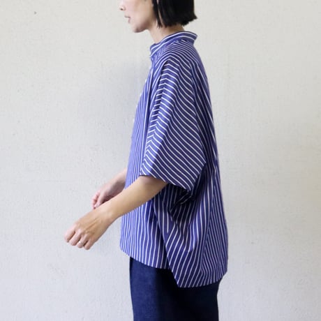 **またまたまた再入荷** LinenYa リネンヤ　コットンストライプヘンリーネックブラウス　#ネイビー、ホワイト