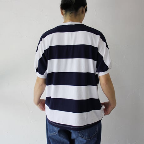 **再入荷**  homspun ホームスパン　60/2天竺太ボーダー半袖プルオーバー　#サラシｘネイビー、生成りｘブラック　【レターパック発送】