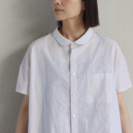 LinenYa リネンヤ　綿麻ストライプ丸襟シャツ　#ベージュ