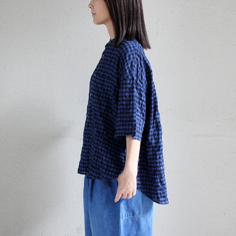 **パープルｘホワイト再生産** Linenya リネンヤ　コットンレーヨンギンガムチェックバンドカラー半袖シャツ　【送料無料】
