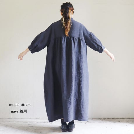 **またまたまた再入荷** LinenYa リネンヤ　リネンスタンドカラーワンピース　#ブラック、ネイビー、ベージュ、チャコール　【送料無料】