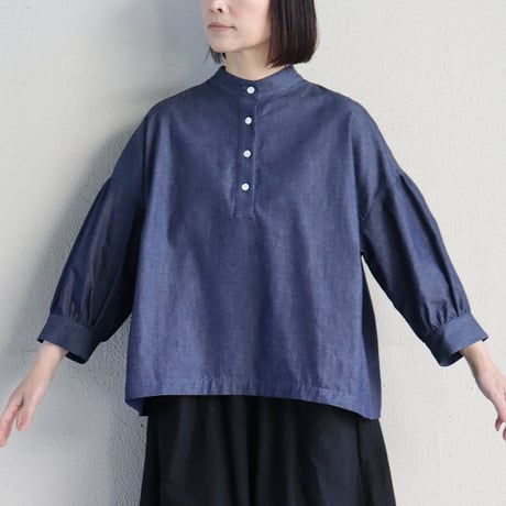 **再々入荷** LinenYa リネンヤ　5ozデニムスタンドカラーブラウス　#インディゴ