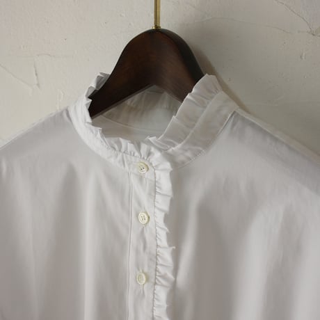 **再入荷** Linenya リネンヤ　コットンフリル長袖ブラウス　#ホワイト、ライトブルー、ネイビー、千鳥