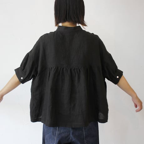 **またまたまた再入荷**LinenYa リネンヤ　リネン半袖スタンドカラーブラウス　#アイボリー、ライトグレー、ブラック
