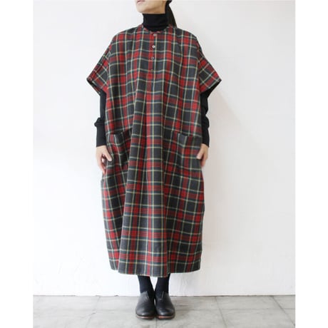 homspun ホームスパン　ウールタータンワンピース　#ベージュｘサックス、チャコールｘレッド