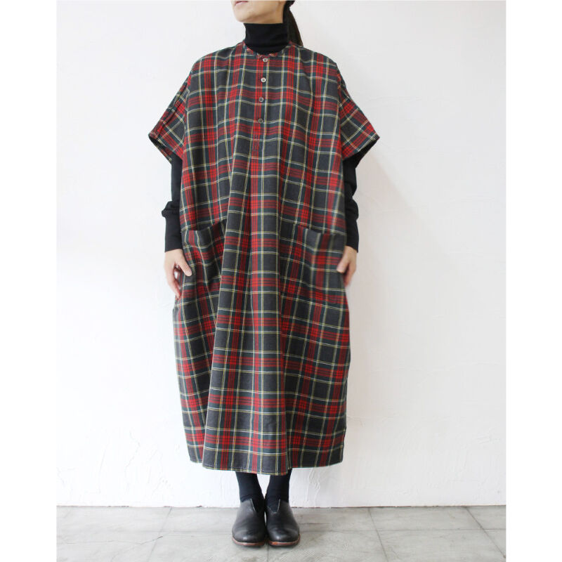 homspun ホームスパン ウールタータンワンピース #ベージュxサックス 
