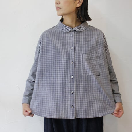 **再々入荷** Linenya リネンヤ　コットンギンガム長袖丸襟ブラウス　#ホワイトｘブラック、ネイビーｘブラウン