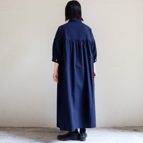 **またまた再入荷** LinenYa リネンヤ　コットンリネンラミースタンドカラーワンピース　#スミクロ、ネイビー