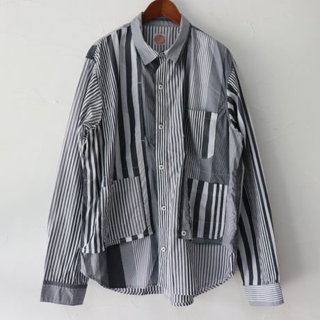 FUNSET OF ART ファンセットオブアート　ストライプパッチワークロガーシャツ  #ブルー、ブラック