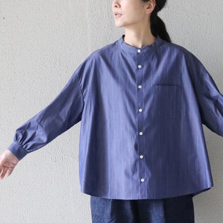 **またまたまた再入荷** LinenYa リネンヤ　ギザコットンバンドカラーシャツ　#ネイビー