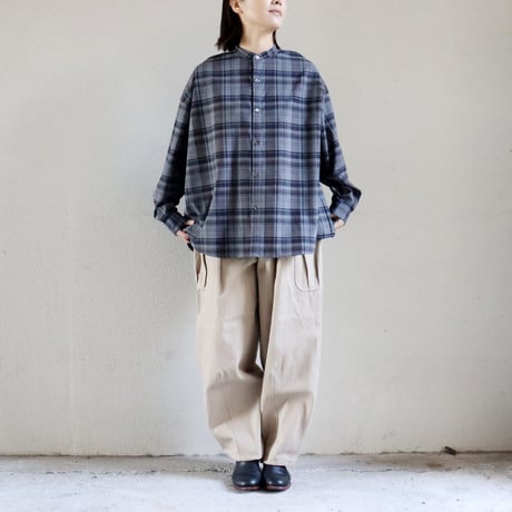 TRAVAIL MANUEL トロチェックバンドカラー長袖シャツ　#ネイビー、グレー　【送料無料】