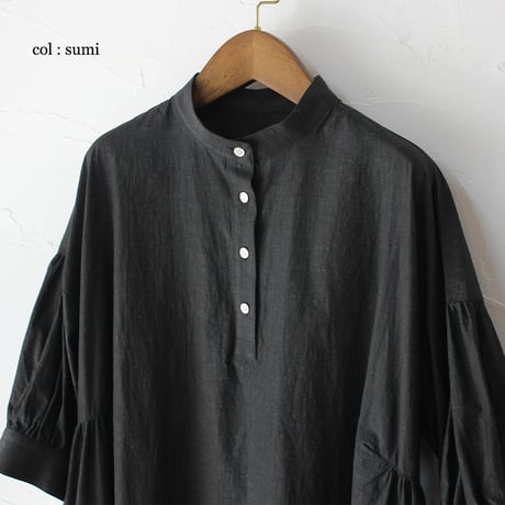 **またまた再入荷** LinenYa リネンヤ　コットンリネンラミースタンドカラーワンピース　#スミクロ、ネイビー