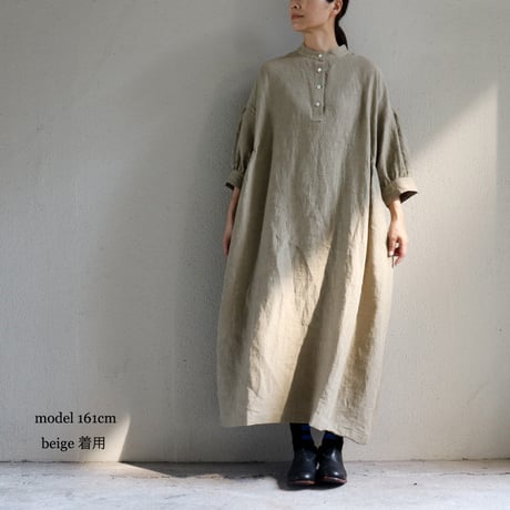 **またまたまた再入荷** LinenYa リネンヤ　リネンスタンドカラーワンピース　#ブラック、ネイビー、ベージュ、チャコール　【送料無料】