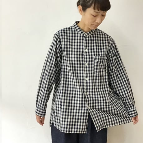 **再入荷**Tigre Brocante ティグルブロカンテ　Indigoギンガムチェックスタンドカラーオーバーシャツ　#インディゴ　【送料無料】