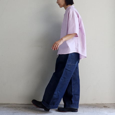 **またまた再入荷** LinenYa リネンヤ　綿麻ストライプバンドカラー半袖シャツ　#ブルー、ピンク