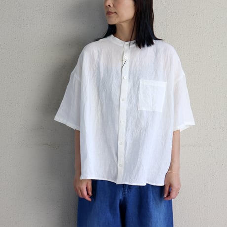 Linenya リネンヤ　リネンシャンブレーバンドカラー半袖シャツ　#ホワイト