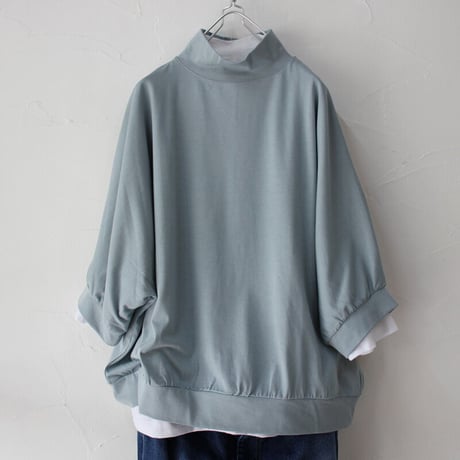 **またまた再入荷** Linenya リネンヤ　コットンシルク天竺5分袖ハイネックプルオーバー　#ブラック、ネイビー、オールドブルー、ベージュ