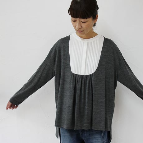 atelier naruse アトリエナルセ　wool＆linen bosom shirt cut and sew ウール＆リネンブザムシャツカットソー #グレイ、ブラック