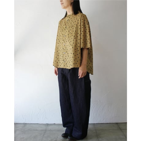 **またまたまた再入荷** Linenya リネンヤ　ロイヤルローンポルカドットバンドカラー半袖シャツ　#シナモン、サンド　【送料無料】