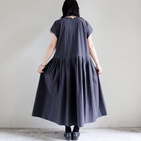 MAGALI マガリ　ウォッシュドコットンラウンドスリーブワンピース　#ギンガムチャコール