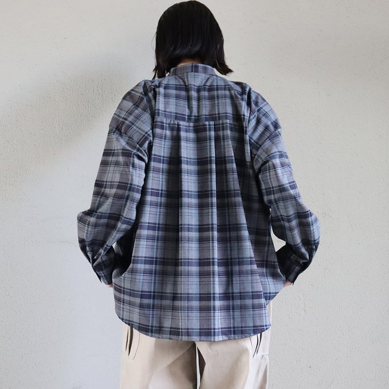 ネイビー グレー チェック 長袖シャツ グレーのみSALE** TRAVAIL MANUEL トロチェックバンドカラー長袖シャツ