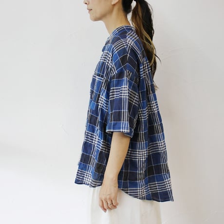 **またまた再入荷**　LinenYa リネンヤ　チェックハンドカラー半袖シャツ　#ブルー 、イエロー 【送料無料】