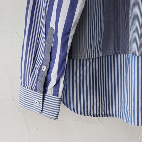 FUNSET OF ART ファンセットオブアート　ストライプパッチワークロガーシャツ  #ブルー、ブラック