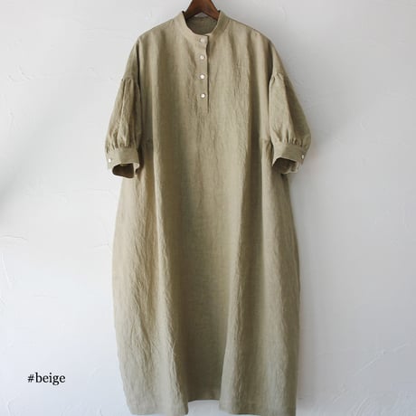 **またまたまた再入荷** LinenYa リネンヤ　リネンスタンドカラーワンピース　#ブラック、ネイビー、ベージュ、チャコール　【送料無料】