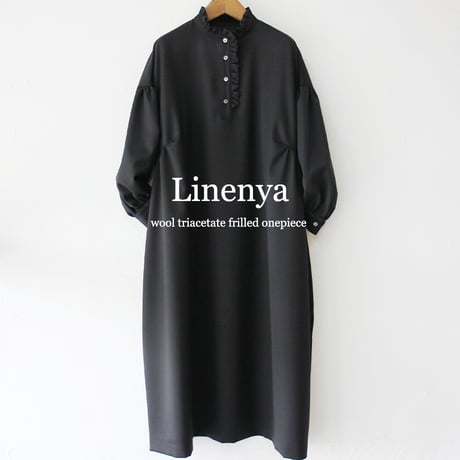Linenya リネンヤ　ウールトリアセテートフリルワンピース　#ブラック　【送料無料】