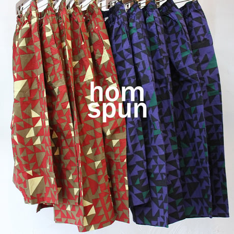 homspun ホームスパン　プリントギャザーパンツ　#レッドｘブラウン、ネイビーｘブラック