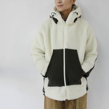 maomade マオメイド　シープボアｘ圧縮ウールフードジャケット　#オフ白ｘカーキ、ブラックｘブラック
