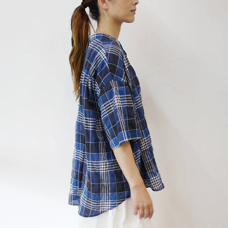 **またまた再入荷**　LinenYa リネンヤ　チェックハンドカラー半袖シャツ　#ブルー 、イエロー 【送料無料】