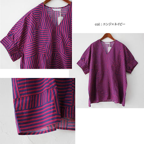 homspun ホームスパン　パッチワークストライププリントVネックブラウス　#オフ白×オリーブ、エンジ×ネイビー、ネイビー×ブラック
