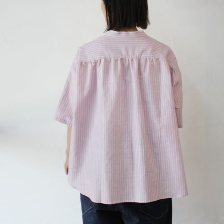 **またまた再入荷** LinenYa リネンヤ　綿麻ストライプバンドカラー半袖シャツ　#ブルー、ピンク