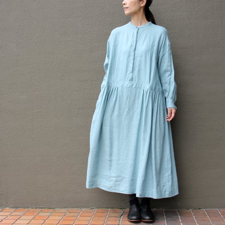 **再入荷**atelier naruse アトリエナルセ リネンシャツギャザーワンピース　#アクアブルー、ネイビー　【送料無料】