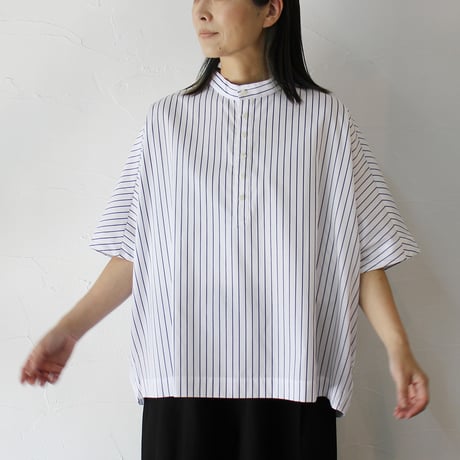 **またまたまた再入荷** LinenYa リネンヤ　コットンストライプヘンリーネックブラウス　#ネイビー、ホワイト
