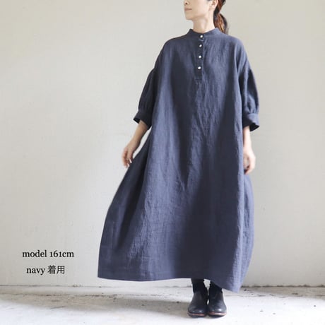 **またまたまた再入荷** LinenYa リネンヤ　リネンスタンドカラーワンピース　#ブラック、ネイビー、ベージュ、チャコール　【送料無料】