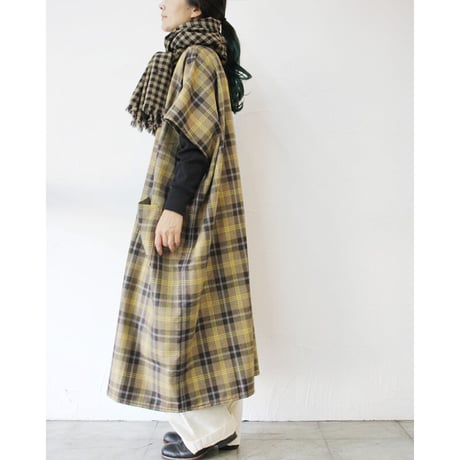 homspun ホームスパン　ウールタータンワンピース　#ベージュｘサックス、チャコールｘレッド