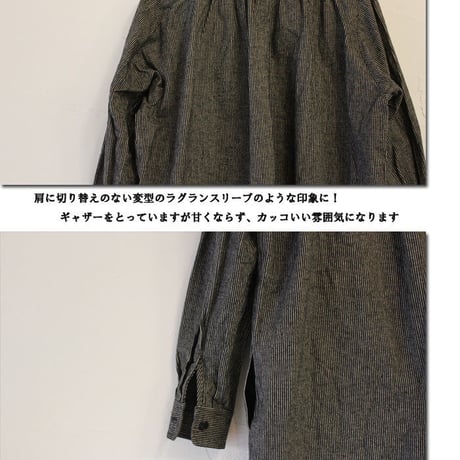 **S u K i M a -スキマ- 別製特注品** 15 jyugo ジュウゴ　綿麻起毛ストライプTABIギャザーワンピース　♯ブラック　【送料無料】