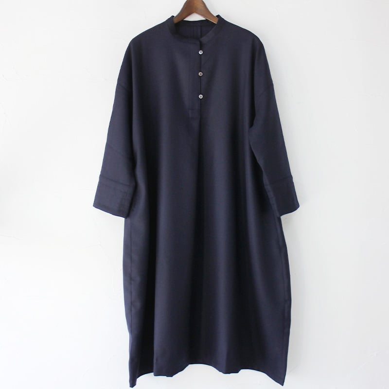 美品　定価29700円　リネンヤ linenya ウールワンピース LinenYa リネンヤ ウールバンドカラーワンピース #ネイビー、グレー